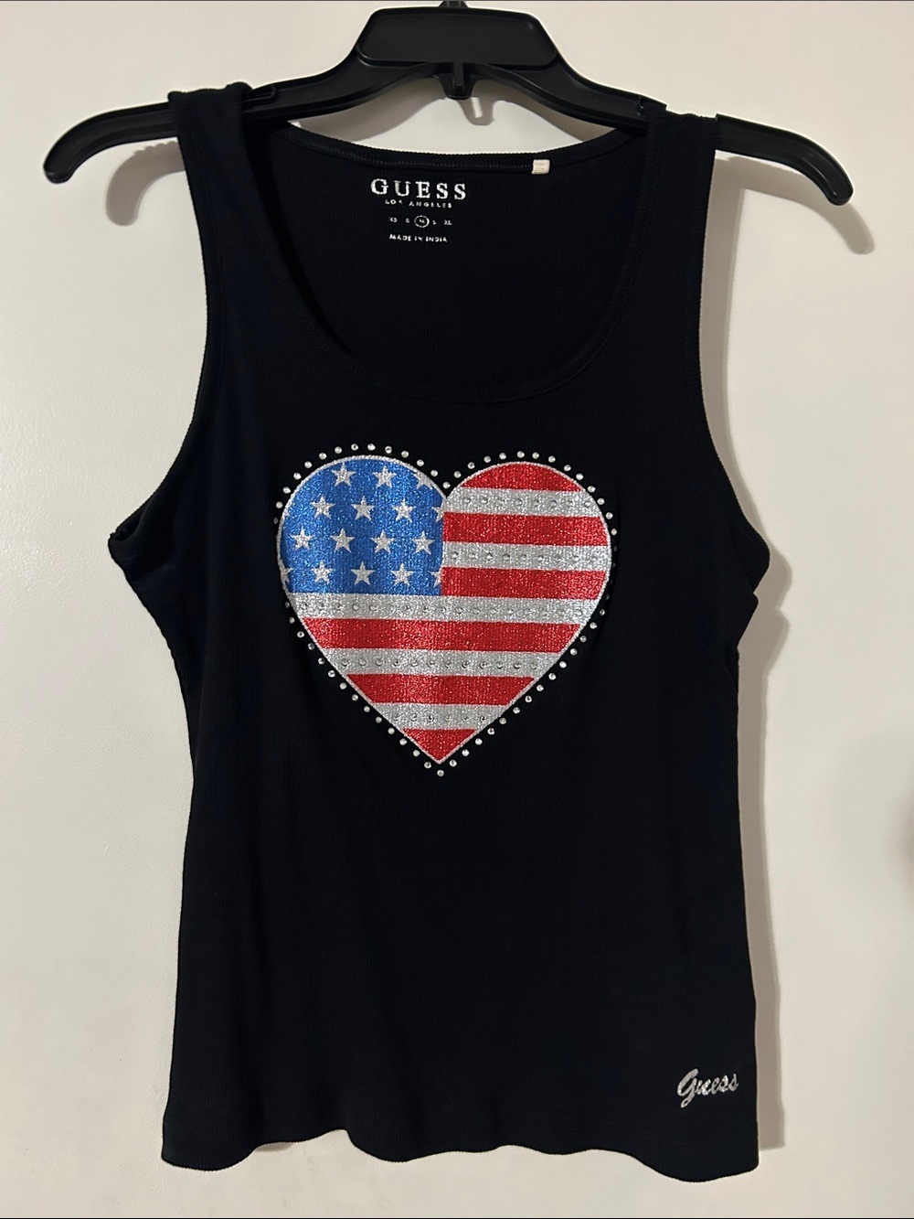 GUESS Black Tank with Glitter American Flag Heart